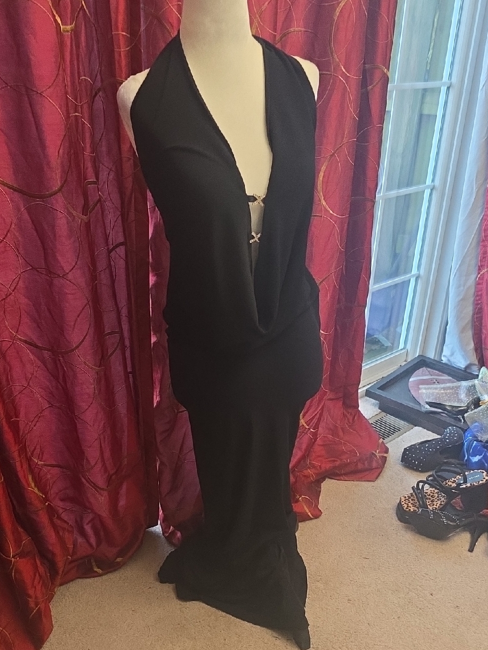 Backless Black Halter Evening Gown with Plunging Cowl Vintage 90s